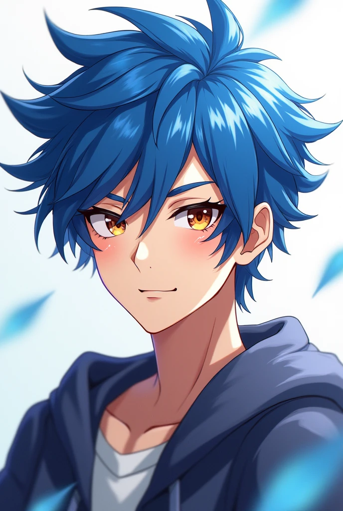 Create me a high quality male twitch avatar with blue hair and brown eyes in anime style