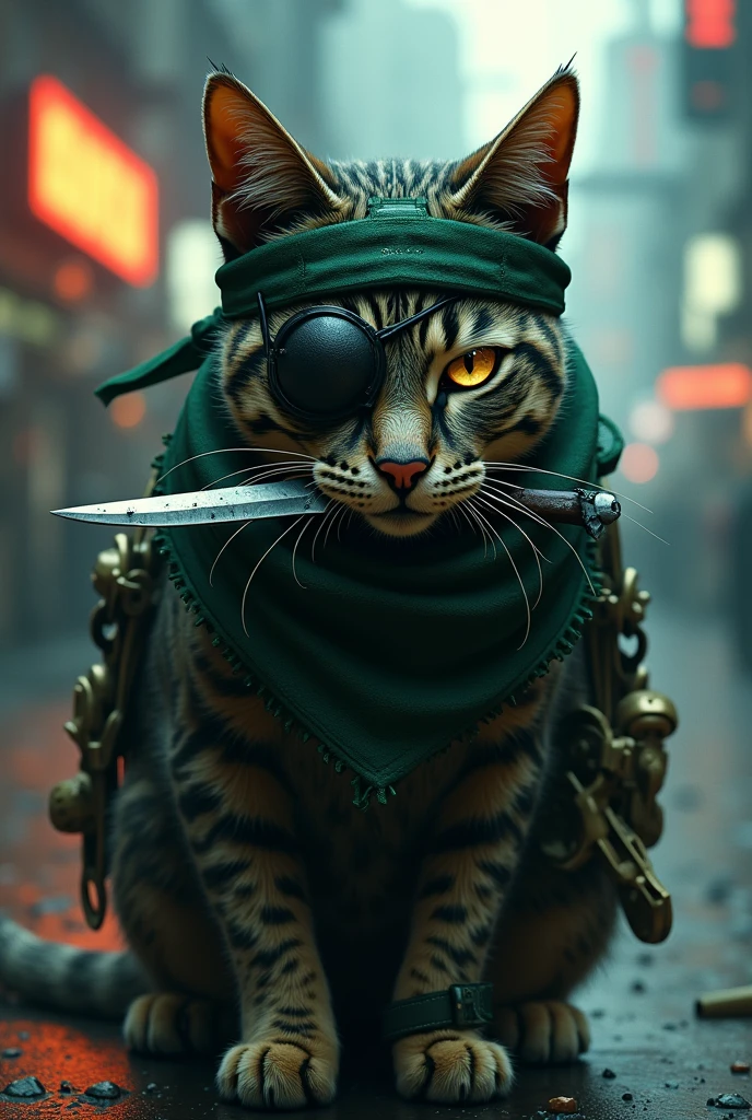 Draw a cat with a green bandana and an eye patch and carrying a knife in its mouth , metal gear solid style