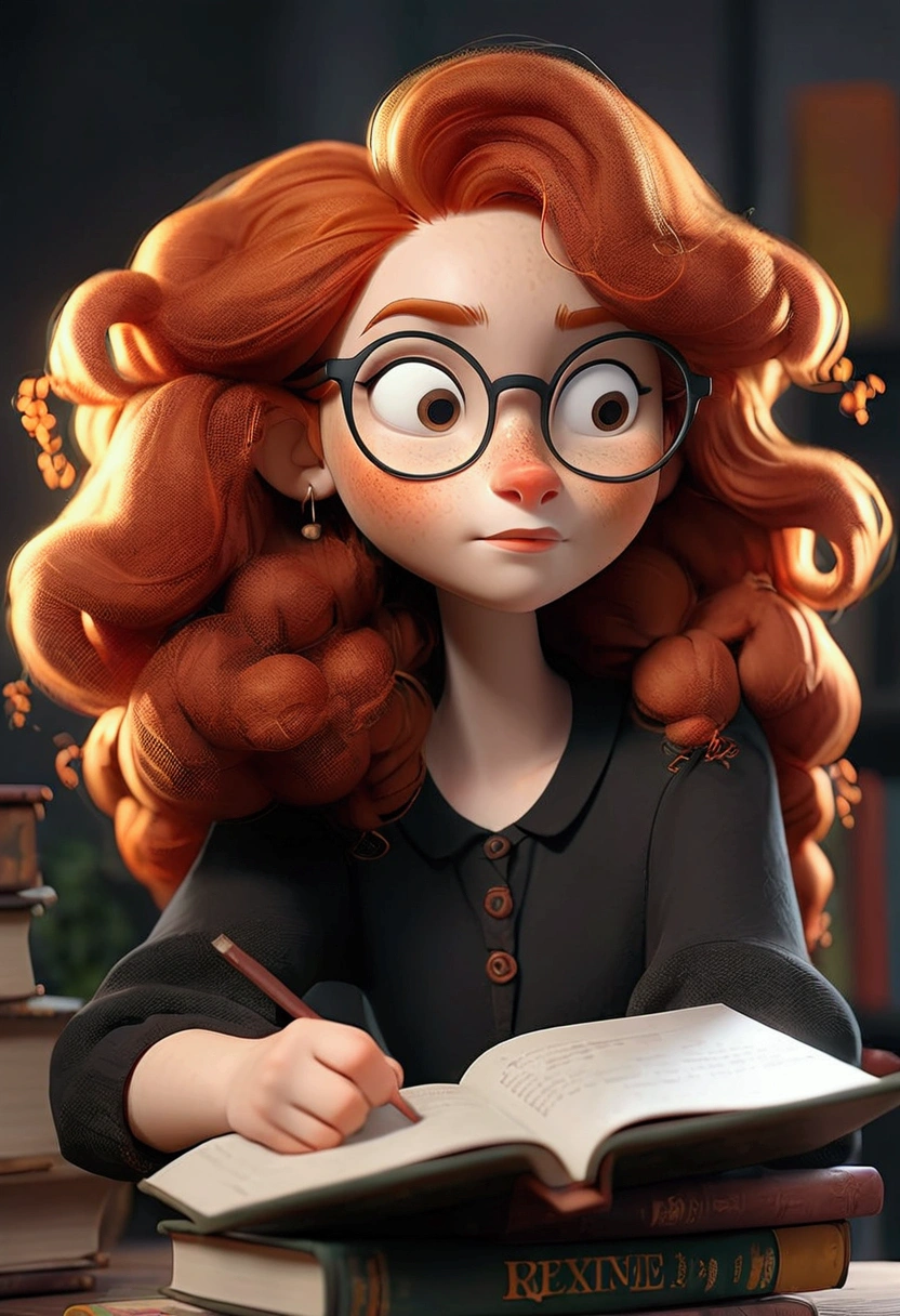 Long curly haired redhead girl, with freckles on her face and round prescription glasses, wearing a black loose shirt and holding some books.