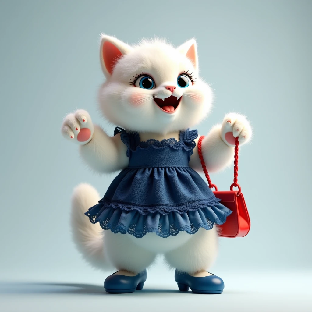 plush very fluffy cat, White wool, like a stoat, Stands on its hind legs, in a dark blue lace dress,blue shoes, red bag, blue doll eyes with big eyelashes, smiles with open mouth, speaks, moves his paws, spreading out the sides, 3D стиль, 8k , 4K, HD, clean background, style, I guess, votive