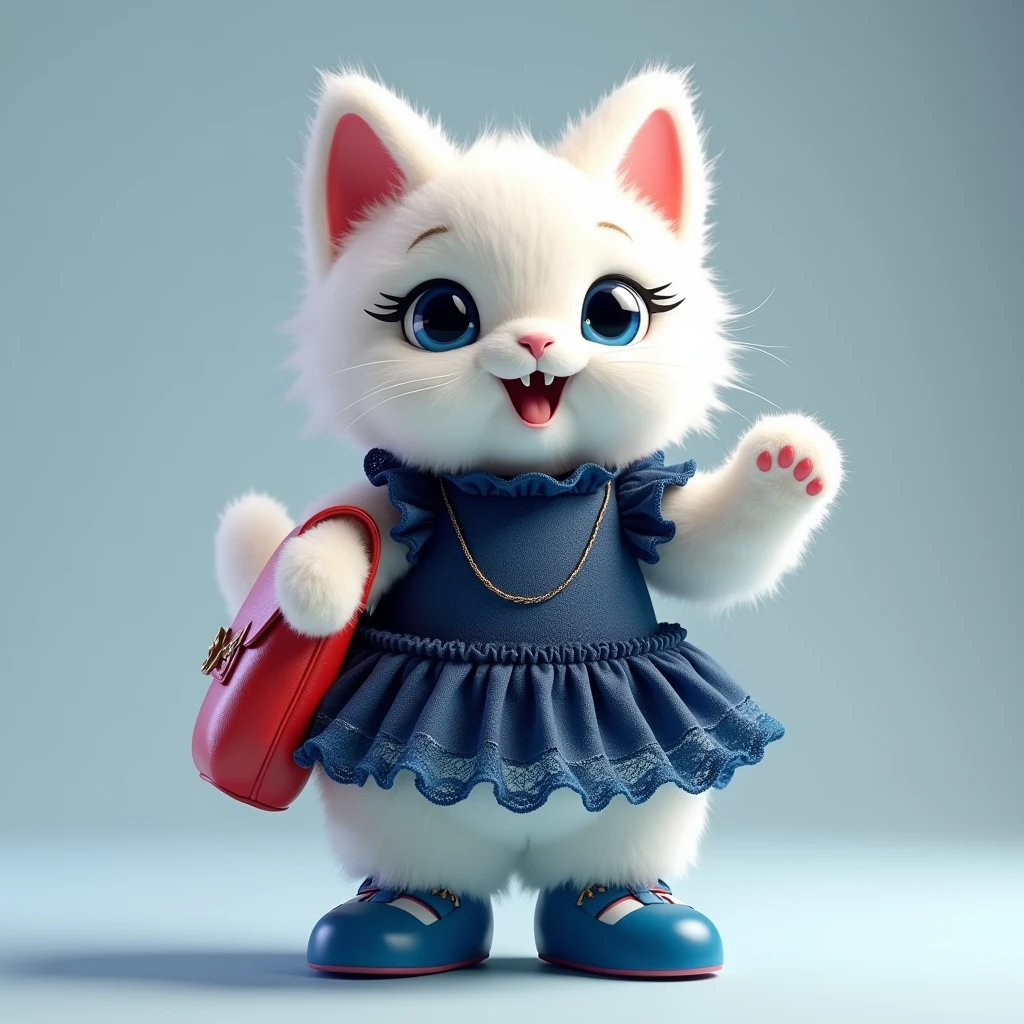 plush very fluffy cat, White wool, like a stoat, Stands on its hind legs, in a dark blue lace dress,blue shoes, red bag, blue doll eyes with big eyelashes, smiles with open mouth, speaks, moves his paws, spreading out the sides, 3D стиль, 8k , 4K, HD, clean background, style, I guess,  votive