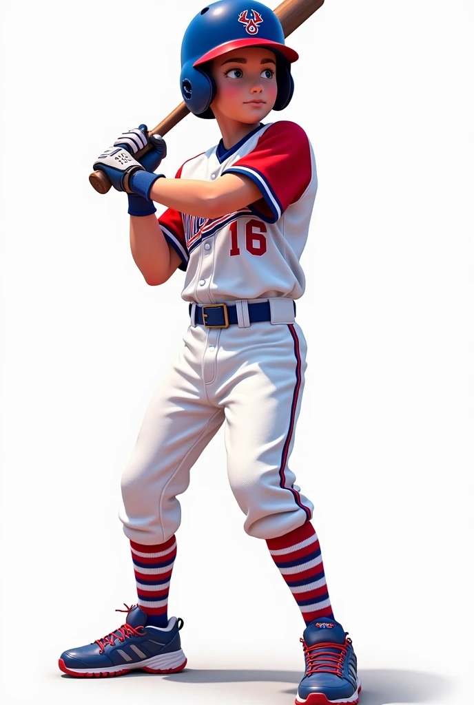 A boy baseball player, with white and red and blue uniform, with white background, that your number is 16,