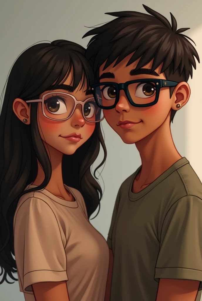 Show me a picture of a couple where the boy is dark-skinned with straight hair down with a fate rug cut that reaches his ears and one in the part the pills, He has bangs that cover his forehead which is straight and his hair is short,with black semi-square glasses semi-small eyes, He has a line on his eyebrow and the girl is darker but only one shade lighter than him., but it is not white, with long semi-wavy hair a little shorter than him, she wears transparent semi-circular glasses at the bottom and semi-square glasses at the top, the girl doesn't wear bangs, He has a mole on the right side of his mouth, They are both thin with dark brown eyes
