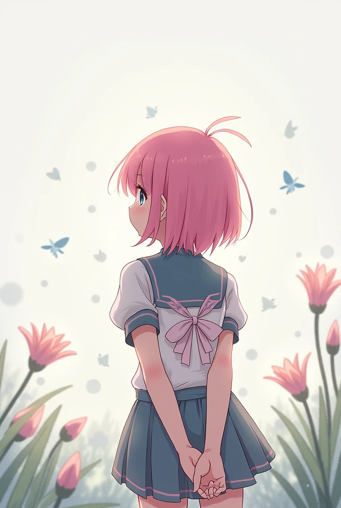 "Generate an illustration of a girl from behind, looking towards the horizon, with her hands positioned behind her. She has pink hair and is a fairy without wings but with pointed ears. She wears a school uniform with distinctive characteristics, including a prominent bow, which can be placed in her hair, on her clothing, or any part of her body."