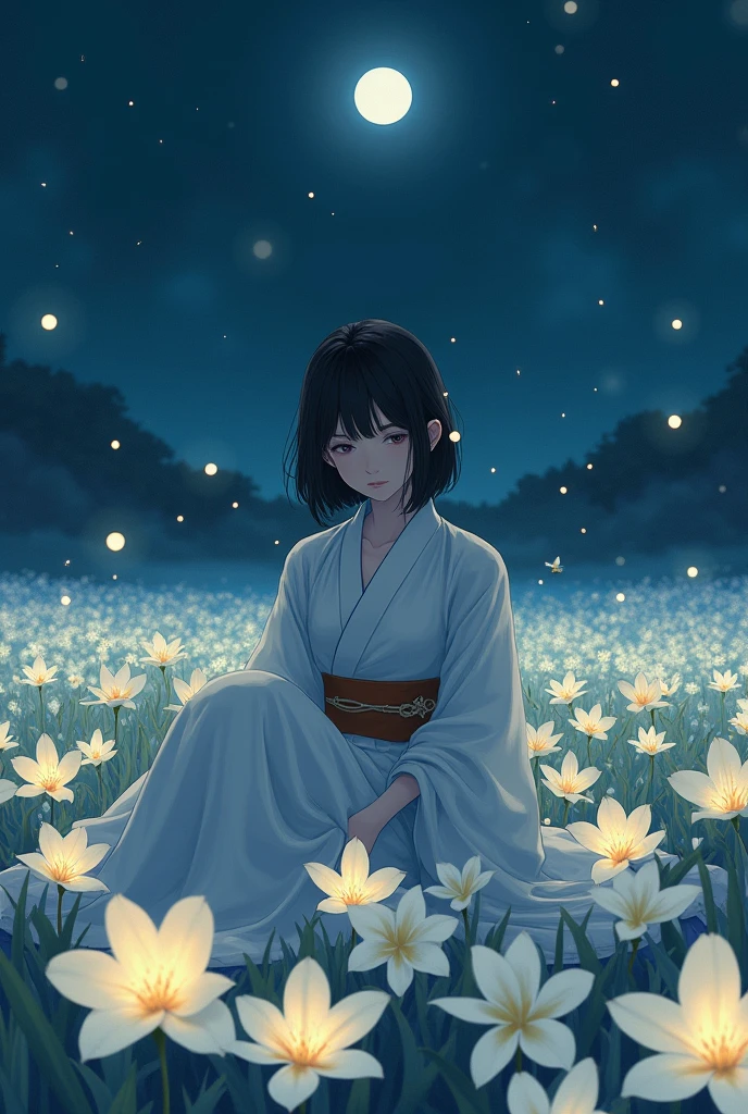 sad woman siting in the middle of white plumeria field during the night, fireflies, beautiful anime