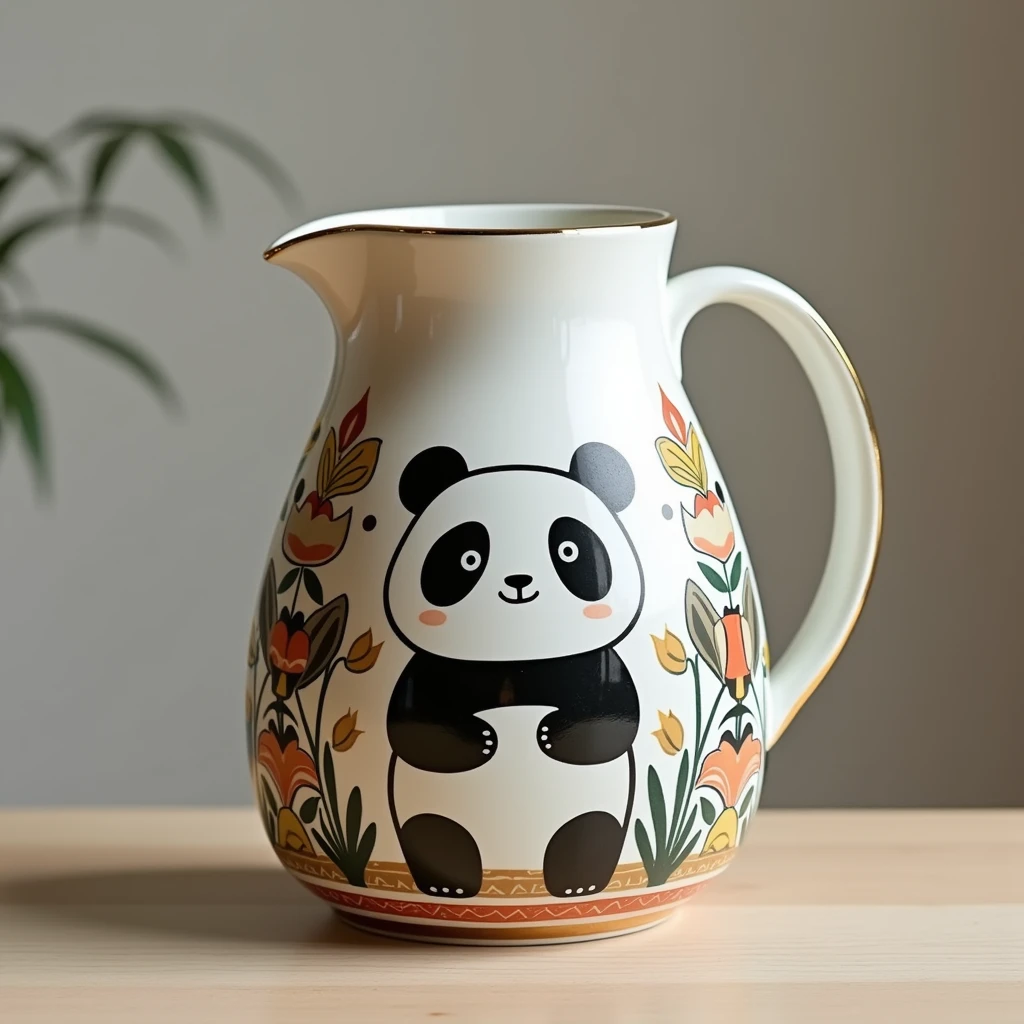 High quality ceramic drinking jug, the surface is inspired by the totem to design a flat cute panda illustration, covered with a lovely and novel wonderful artwork
