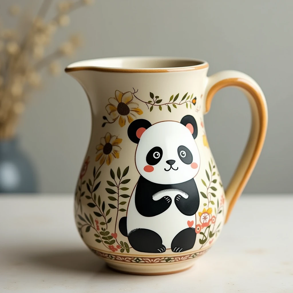 High quality ceramic drinking jug, the surface is inspired by the totem to design a flat cute panda illustration, covered with a lovely and novel wonderful artwork