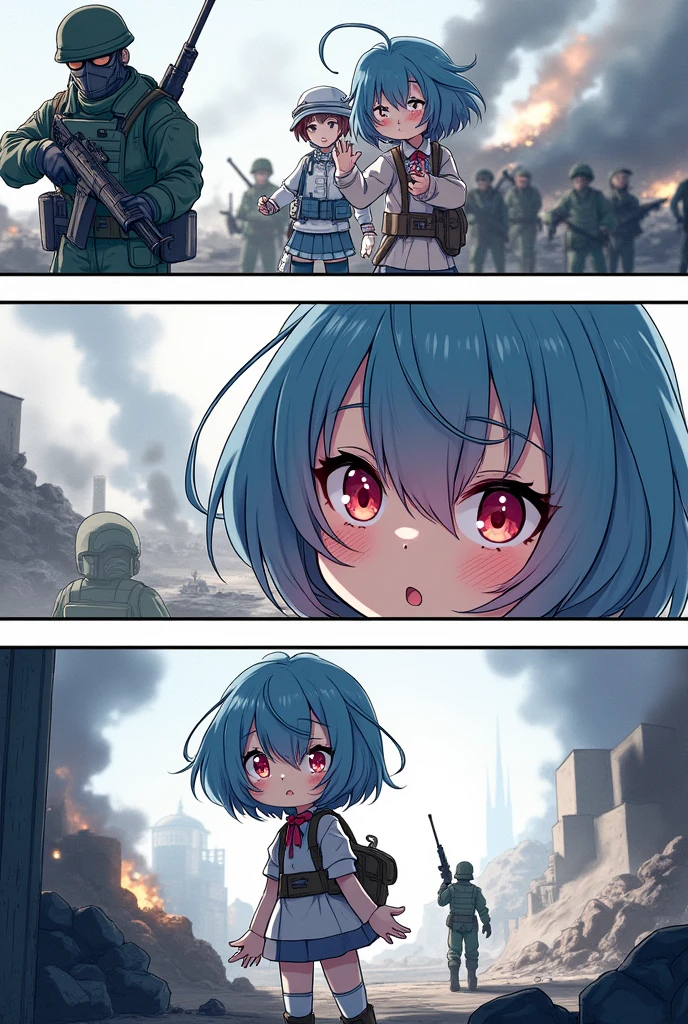 A modern day war scene in a 4 page or more manga with a main character who is a very cute girl with short indigo blue hair with a light blue tint and red eyes and other supporting characters who are soldiers.(Beautiful lines)