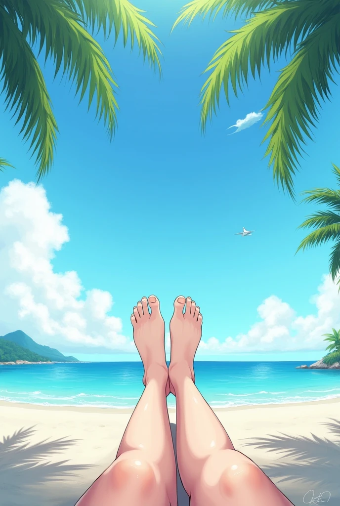Beach day with a anime girl showing her feets