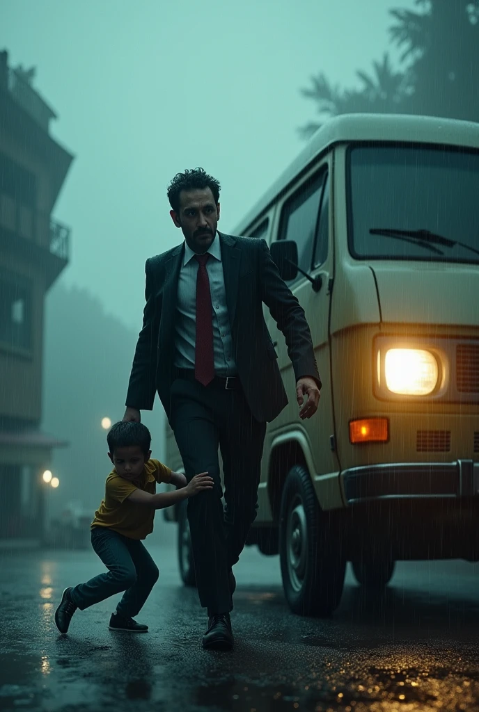 cinematic, photorealistic film poster of a man in suit , fully drenched in rain, pushing a van from behind to a cliff, a small boy trying to stop him by latching unto his legs, late night, foggy weather, monsoon, kalimpong outskirts, near a posh bungalow