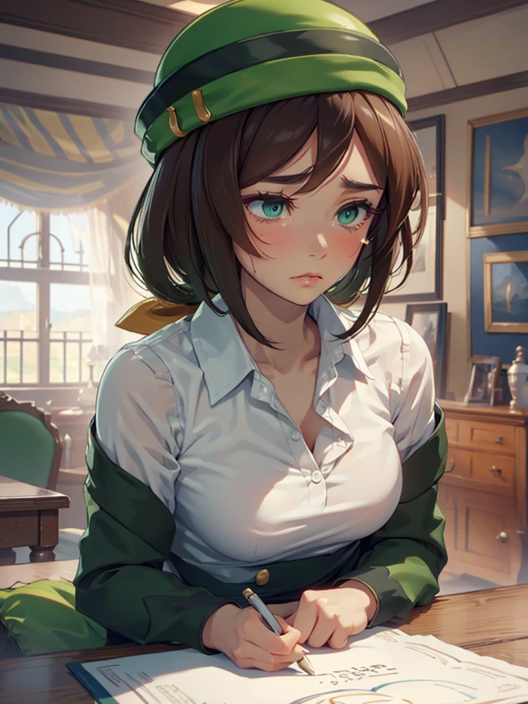 (​masterpiece、top-quality、hight resolution、Unity 8k、extremely details CG:1,Best Picture), hayakawa tazuna, low ponytail, green headwear, green jacket, pantyhose, Emphasis on cleavage, "A woman sitting at a desk, just after signing a contract to become a porn star. She holds the pen in her hand, looking down at the signed document with a mix of uncertainty and resolve. Her posture is slightly tense, and her expression reflects a moment of realization, as if she’s coming to terms with the decision she has just made.", Emphasises cleavage, "A woman on the verge of tears, her eyes glistening with unshed tears, her lips trembling slightly. Her brows are furrowed in frustration and her fists are clenched at her sides. She appears to be holding back her emotions, looking both heartbroken and deeply frustrated."