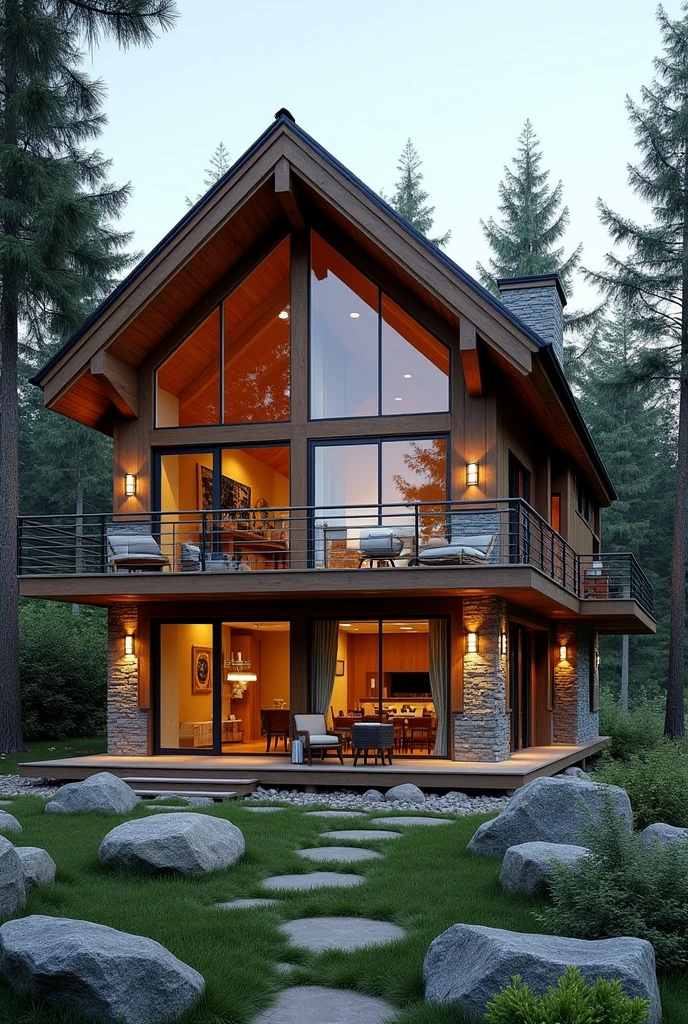 A not so formal but elegant 2 story cabin with lots of glass and a balcony