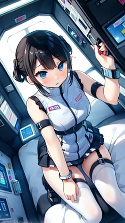 (Highest quality), (masterpiece), 1080P, High resolution, 4K, 8k, Inside the space station、Futuristic room、Thigh straps, Shooting from directly below, The woman on top of me, 白いSweat, Covered , Sweat, Woman looking down, Skirt swimsuit, Thigh-high socks, To achieve this, , , whole body, Black leather shoes, Braided hair, Inner Color, Embarrassed face, Short black hair, bracelet, Bedroom,celestial body_Vest