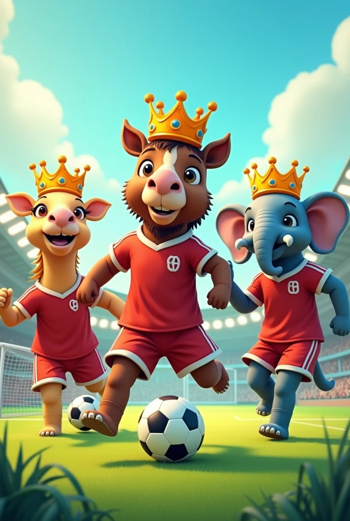Animated poster of three animals with crowns on their heads, camel, horse and elephant , wearing sports clothes, on a soccer field