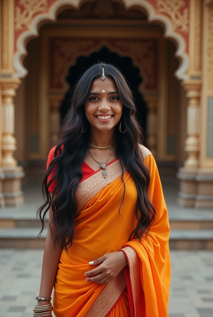 A single 2 Indian girl with long hair wearing saree at Shree Krishna temple, Whole body, smiling, long hair and eyes like honey, accessories and light makeup