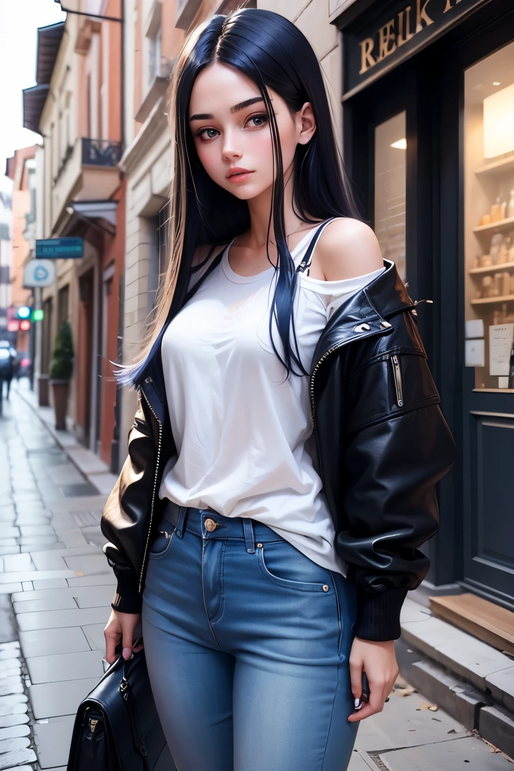 2 European girl. She is trendy. With long dark blue hair.