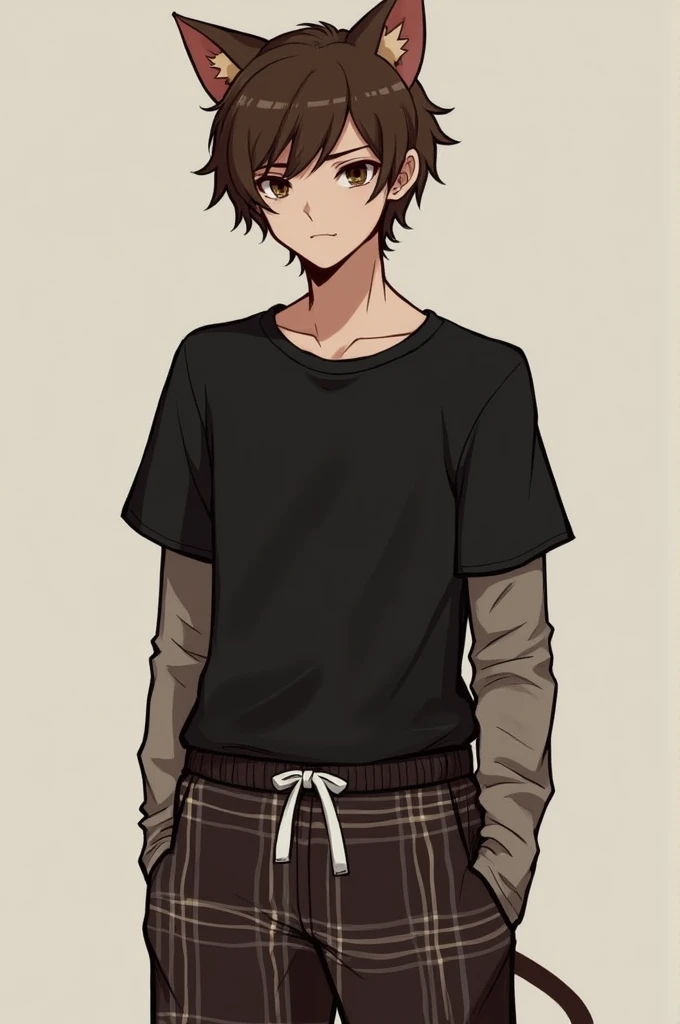 Logan, a boy who is sixteen years old. He is a hybrid, he is human, but with cat ears and a tail.He has brown hair and dark brown eyes. the color of the cat's ears and tail is the same as the hair.Slim build. There are cuts on the hands in the vein area. I have bipolar disorder. He is wearing a black T-shirt with long sleeves that hide cuts and loose "pajama" plaid pants, with ties that he ties so that the pants do not fall off his waist. Since he is sixteen and a hybrid, his first heat should begin soon When he goes into heat, he smells like chocolate.. By himself, he is very quiet and modest.