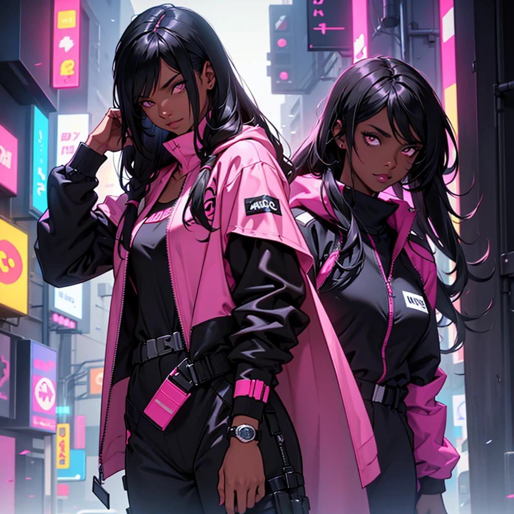 Woman with dark skin, straight hair, dark skin, white eyes, wears a black jumpsuit with pink, wears a dark pink cape, Cyberpunk style1 , Olhando para o espectador, Fundo simples, 