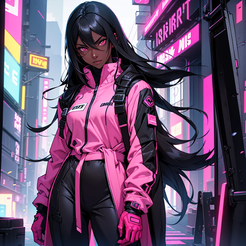 Woman with dark skin, straight hair, dark skin, white eyes, wears a black jumpsuit with pink, wears a dark pink cape, Cyberpunk style1 , Olhando para o espectador, Fundo simples, 