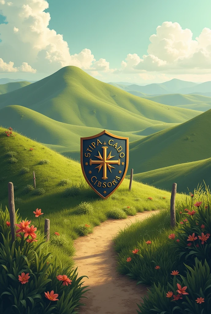 Pilgrims&#39; shield logo in a landscape of hills in Talpa, Jalisco, Mexico