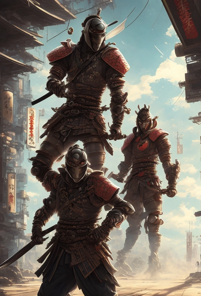 Momotaro, Cyberpunk, (Japan Katana, Samurai), 1 Man, Wakame, Peach in the forehead, ((Mechanical Armor)), Battlefield, Evening, Best Quality, Best Masterpiece, High Definition, 16K, 1 Dog, 1 Monkey, 1 Chick