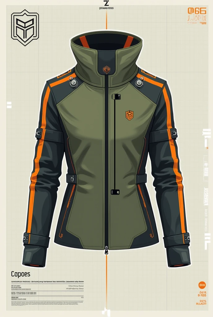 Create a schematic, technical illustration of a futuristic jacket. The jacket should have a tall, structured collar and be primarily olive green, making up 65% of the design, with 20% black and 15% orange accents. The sleeves should feature orange stripes running down the length. Present the jacket in multiple views with a flat, clean style using a grid-like background. Emphasize geometric shapes, straight lines, and a technical design approach, avoiding realistic textures