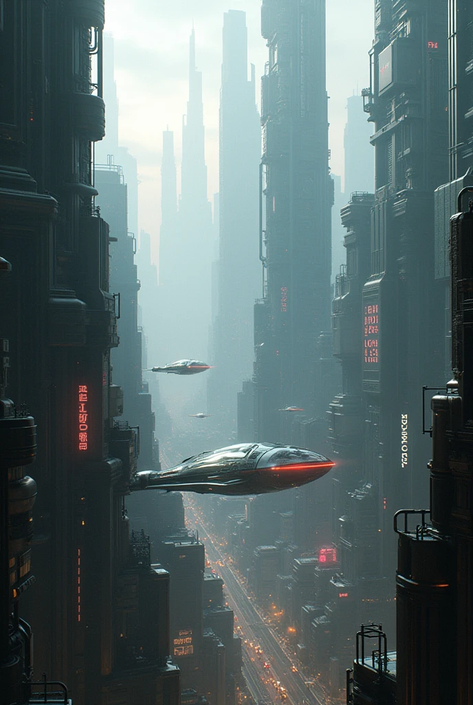 a vast and expansive futuristic landscape, highly detailed cyberpunk city, neon lights, towering skyscrapers, flying vehicles, advanced technology, dramatic lighting, moody atmosphere, cinematic composition, intricate details, photorealistic, muted color palette, dramatic camera angle