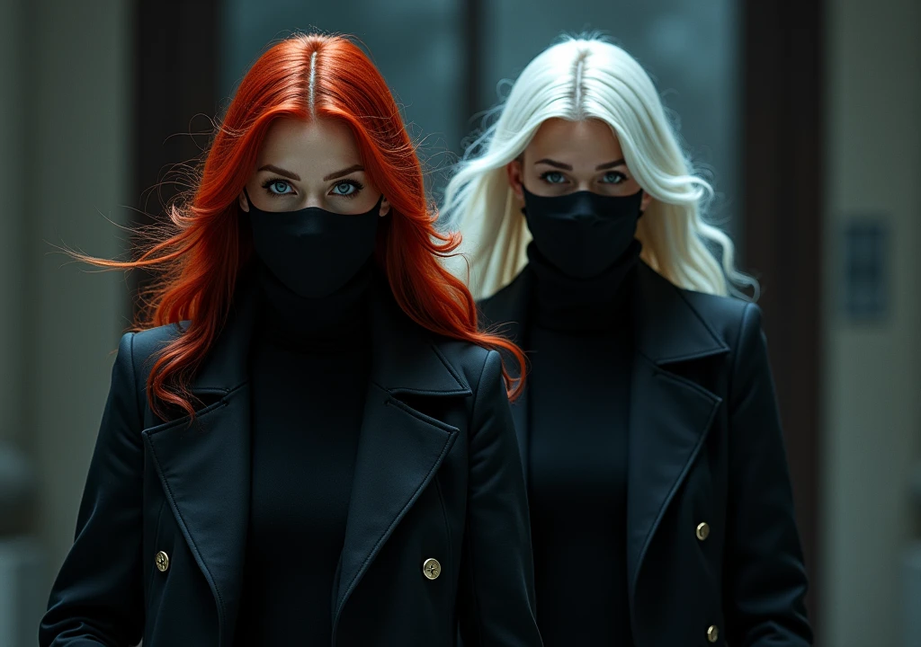 Red-haired woman and a woman with white hair with a black mask completely covering their faces, Entering a black bank and armed