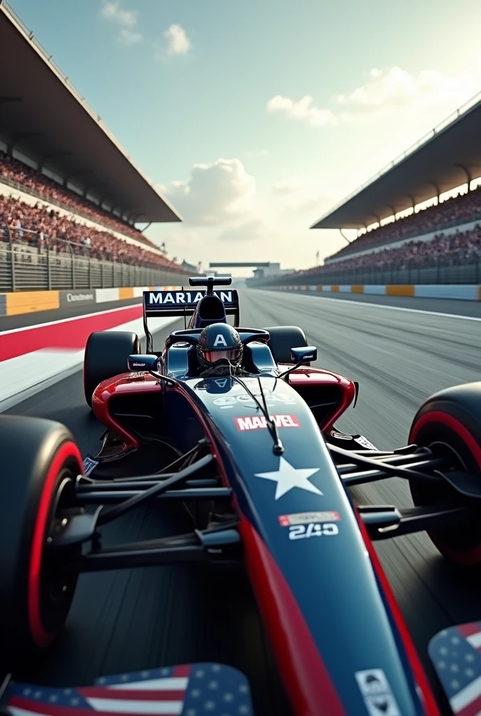 captain america driving a F1 car