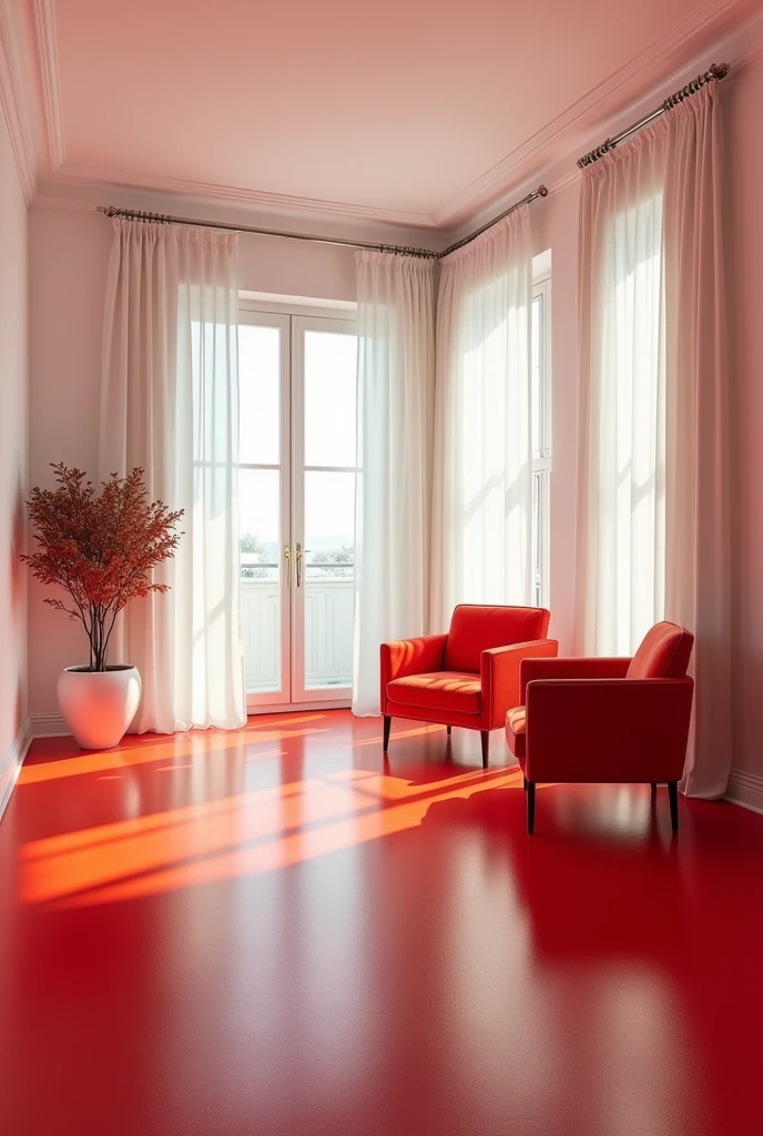 Room with red floor, windows with white curtains and white ceiling
. Add the best color that matches those wall colors