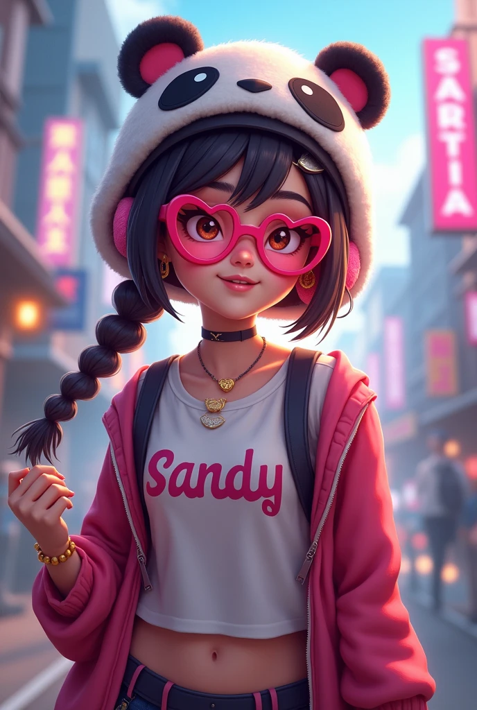 Free Fire female character with heart-shaped glasses and a panda hat and the name Sandy written on her shirt