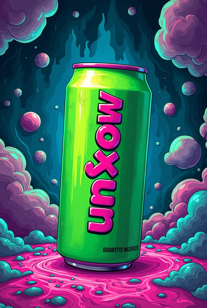 A psychedelic artwork with cyan green and hot pink details of a green energy can with unXnow written in hot pink