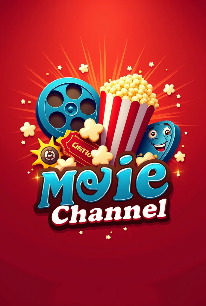 Create a movie channel logo using these guidelines: funny, eye-catching icons and red color and lots of graphic elements