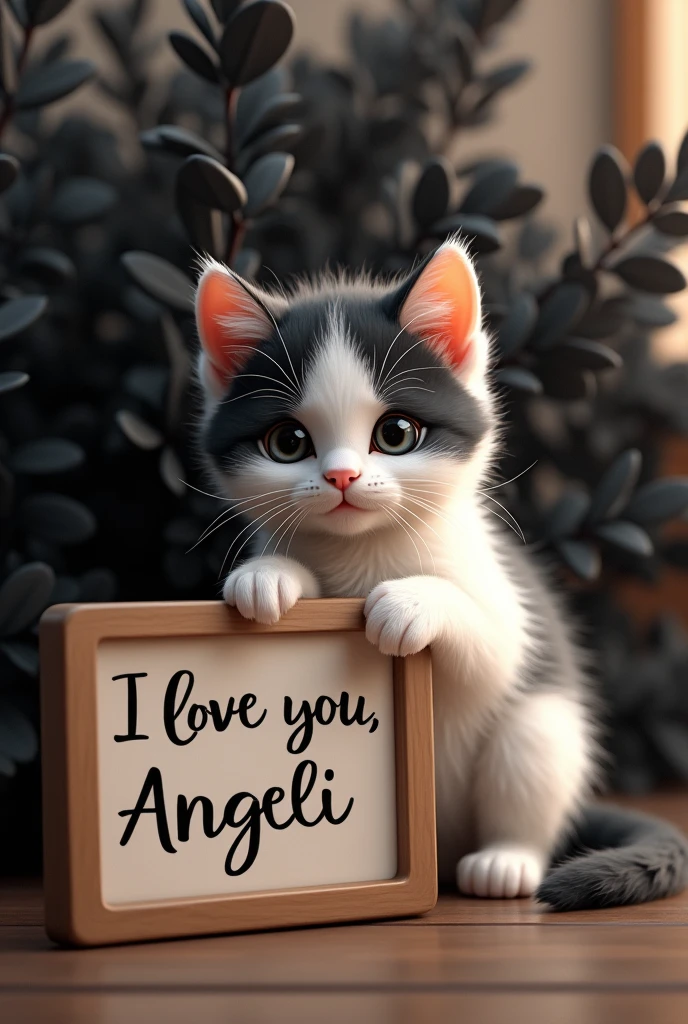 A white and black kitten and a sign that says I love you, Anggeli. In English and in the background you can see black flowers