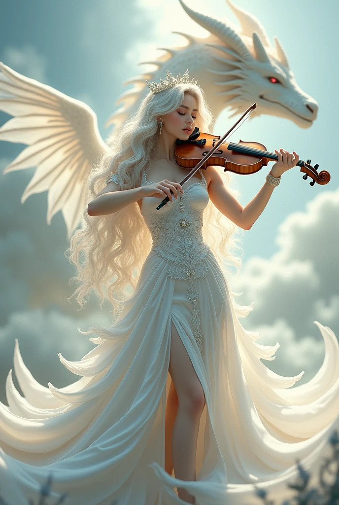 Woman with soft and unreal angelic anime face. She has a very long dress, exposing one of her legs, with very long sleeves and a large dress, with many details such as an angel dress, which has 4 wings, with an hourglass body, large bust and large butt sexy and daring. With a not so big angelic crown and plays the violin. At some distance from her (behind) you can see a white dragon with 4 horns, its color white and beautiful in appearance. That I am in a kind of heaven, with aura and solitude, calm, with wavy, long and silky hair.