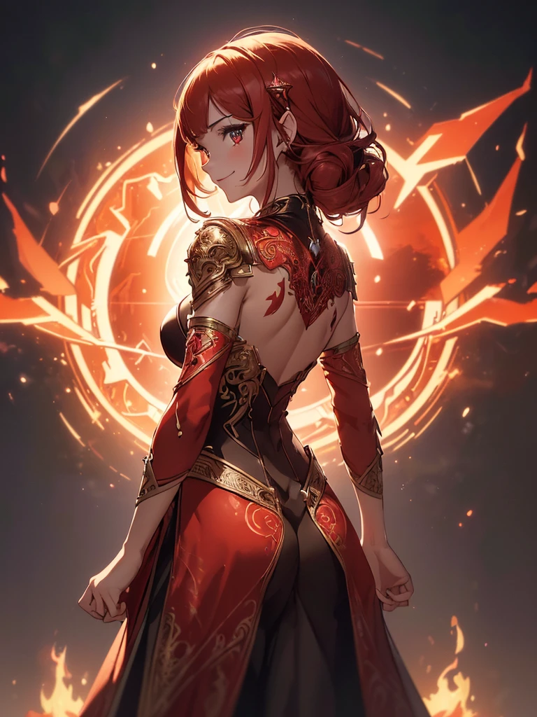 (((best quality, sharp image, clear image, cinematic lighting, 8k resolution, masterpiece, ultra detailed, intricate))) Girl, sorcerer, cute, intricate dress, smiling, fiery red, ((intricate background)), (rune frame), dimension, ((shot from behind)), fire sigils, chaotic background, ((half-body shot))