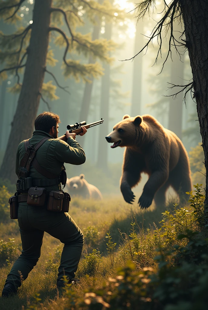 (photorealism:1.2), in a huge forest add a hunter with guns and his aiming a bear on a group of bear that one bear attacking his frend