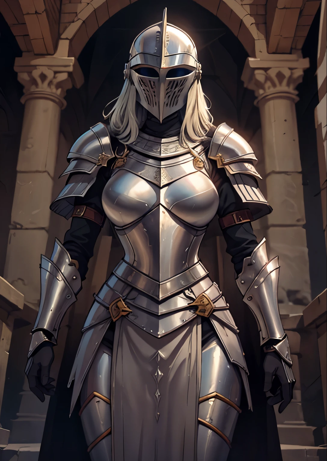 masterpiece, best quality, 1female, solo, female medieval knight, helmet, face not visible, medieval armor