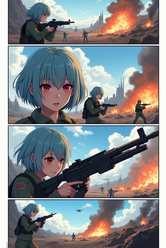 A modern day war scene in a manga with 4 pages or more, featuring a main character who is a female soldier, very cute but fierce at the same time, short blue hair with a light blue tint, red eyes, and other supporting characters who are soldiers.(Beautiful lines)
