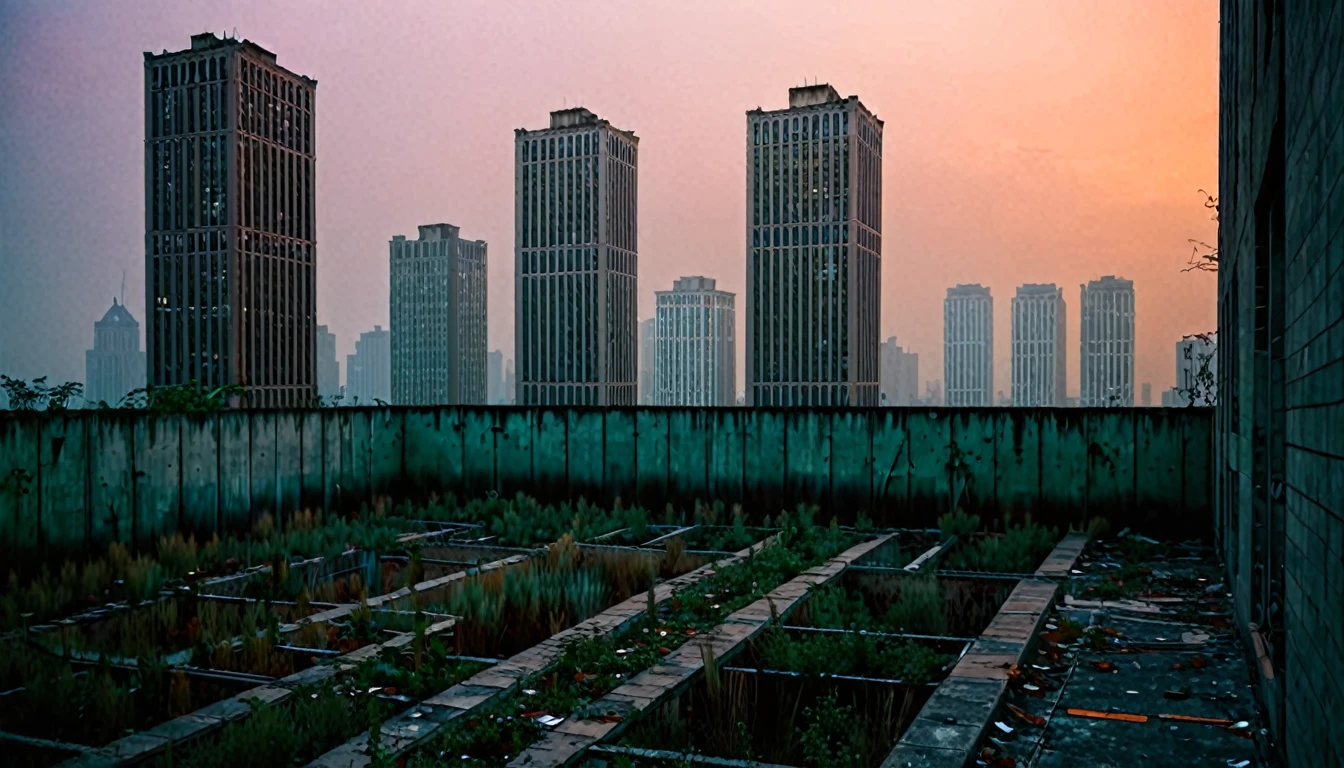 A deserted, eerie cityscape at dusk with towering, abandoned skyscrapers. The streets are empty, with dim, flickering streetlights casting long shadows. The buildings have a modern, yet slightly decayed appearance, with cracked windows and overgrown vegetation creeping up their walls. The sky is overcast with a faint orange glow, creating an unsettling atmosphere. A lone, mysterious figure stands in the distance, barely visible, adding to the sense of unease. The overall scene feels surreal and dreamlike, as if time has stopped, creating an unsettling feeling of isolation and stillness.