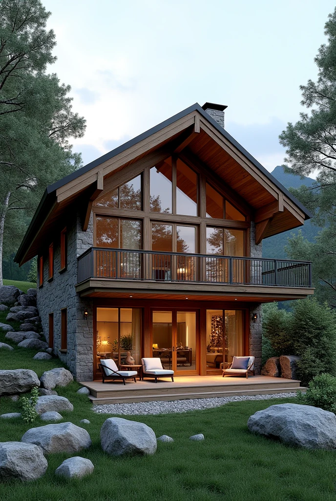 A not so formal but elegant 2 story cabin with lots of glass and a balcony