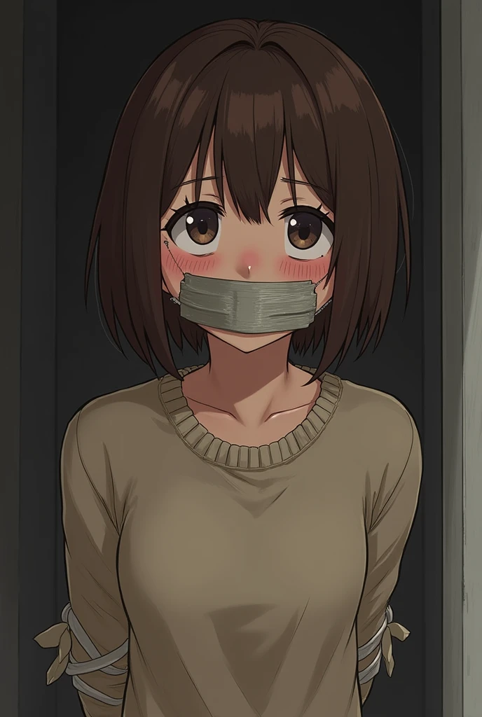 1 girl, brown hair, short hair, bangs, improvised gag, tape gag, gagged, duct tape, tape bondage, arms behind back, bound arms, sweater, blush, glasses
