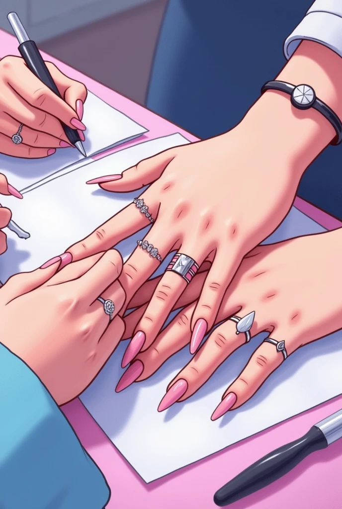 HAND OF A PERSON AND HAND OF A MANICURIST FIXING NAILS ANIMATED DRAWING WITH PINK AND BLUE COLORS AND IN WHICH THE MANICURE TOOLS CAN BE SEEN AS IF THEY WERE ON A TABLE WITH THEIR 5 FINGERS AND THAT THEIR FINGERS HAVE BEAUTIFUL NAILS WITH RINGS







