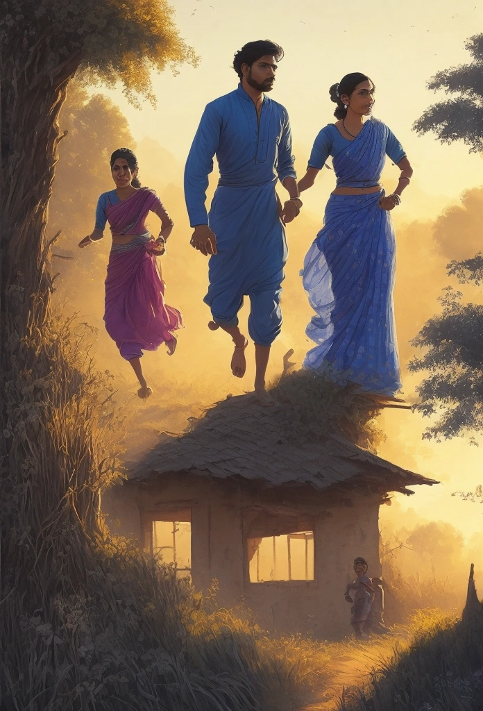 An Indian village couple running together at dusk, with a sense of urgency. The beautiful woman, wearing a  salwar suit, has an expression of fear and is holding the hand of a handsome man. faces should be very good loooking. The background features a rural village setting, with shadows and eerie details that add to the horror theme. Use dramatic, cinematic lighting that highlights their expressions and movement, with deep contrasts between light and shadow to enhance the tension and atmosphere.