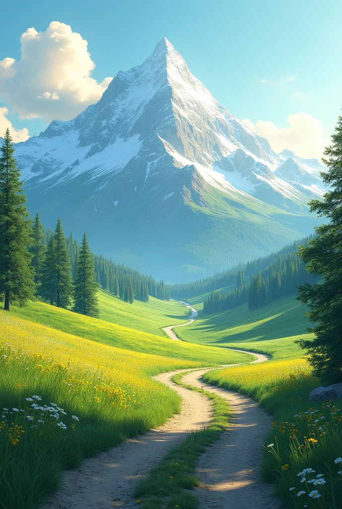 A landscape with a mountain to the east and a field in front of a forest road 