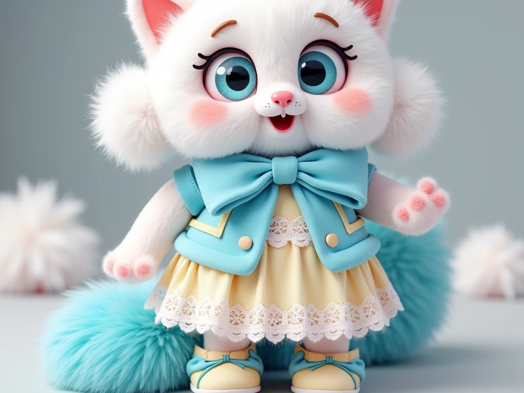 plush very fluffy cat, White wool, like a stoat, Stands on its hind legs, in a yellow lace dress, yellow shoes, blue doll eyes with big eyelashes, smiles with open mouth, speaks, moves his paws, spreading out the sides, 3D стиль, 8k , 4K, HD, clean background, style, I guess, votive