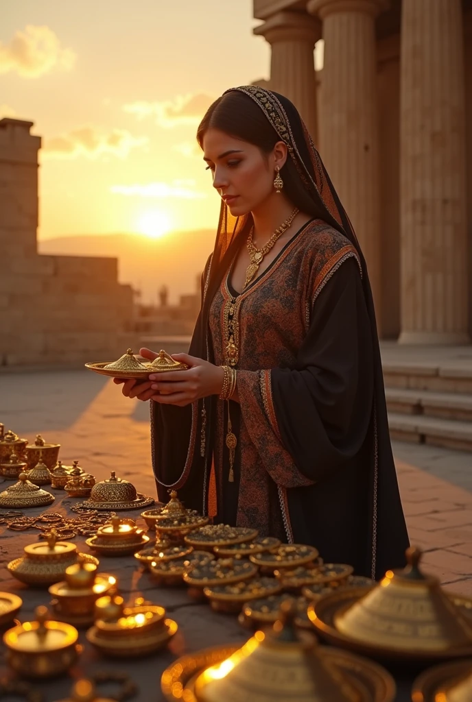 An authentic Iranian woman sells gold alone with her jewelry at sunset in Persepolis.
