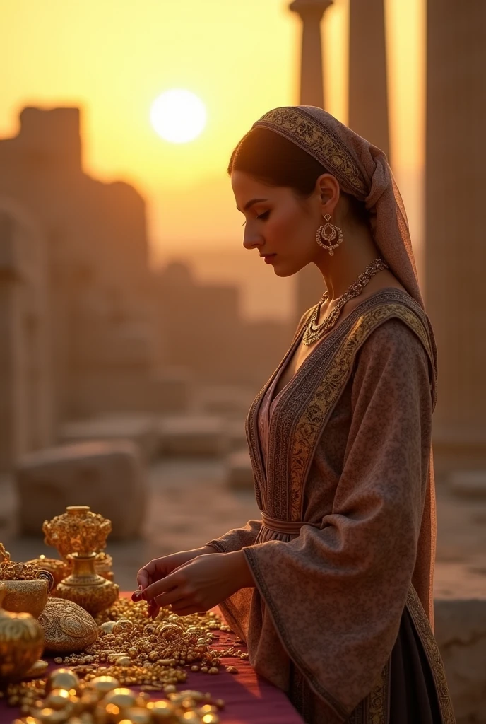 An authentic Iranian woman sells gold alone with her jewelry at sunset in Persepolis.
