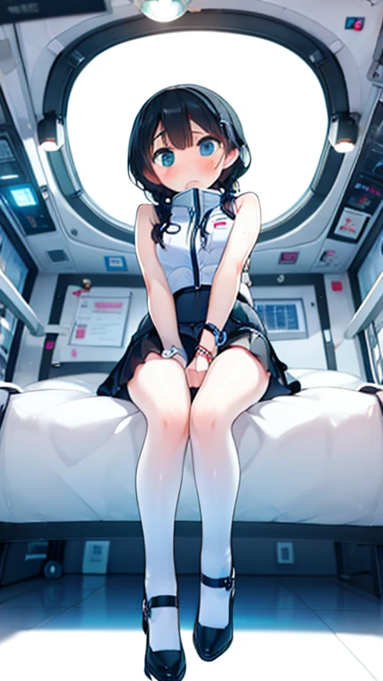 (Highest quality), (masterpiece), 1080P, High resolution, 4K, 8k, Inside the space station、Futuristic room、Thigh straps, Shooting from directly below, The woman on top of me, 白いSweat, Covered , Sweat, Woman looking down, Skirt swimsuit, Thigh-high socks, To achieve this, 16 years old, , whole body, Black leather shoes, Braided hair, Inner Color, Embarrassed face, Short black hair, bracelet, Bedroom,celestial body_Vest
