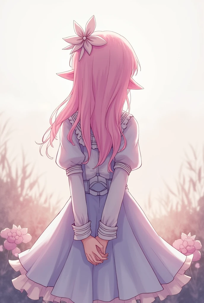 "Generate an illustration of a girl from behind, looking towards the horizon, with her hands positioned behind her. She has pink hair and with pointed ears. She wears a school uniform from royalty is whtie with distinctive characteristics, including a prominent bow, which can be placed in her hair, on her clothing, or any part of her body."